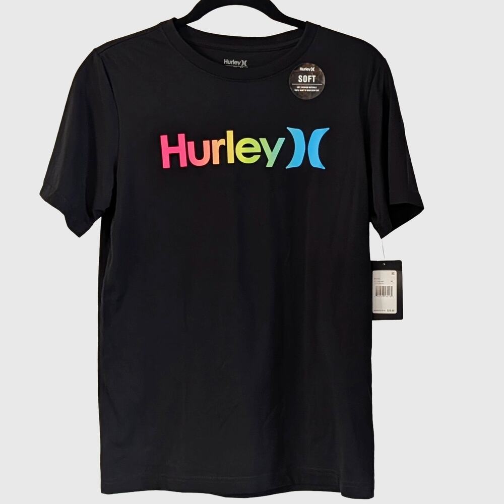 Hurley NEW Rainbow Logo T Shirt  Youth XL Black Graphic Surf Skate Tee